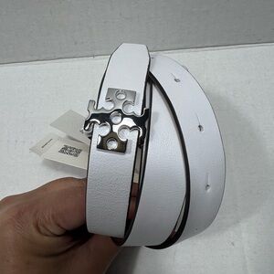 Tory Burch 1” Logo Leather Belt In Optic White / Silver Hardware Size: L $220